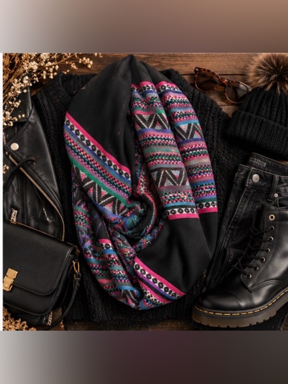 Black Infinity Scarf with Multicolor Geometric Stripe Pattern